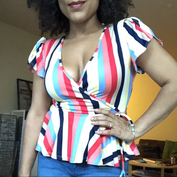 Rainbow striped wrap style top, short sleeve NEW - Picture 3 of 6